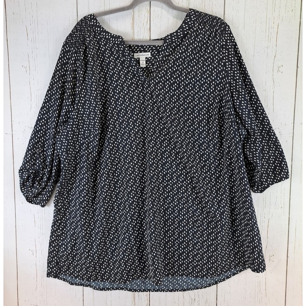 Croft Barrow Plus Size 2X Womens Black White Print 3/4 Sleeve Blouse